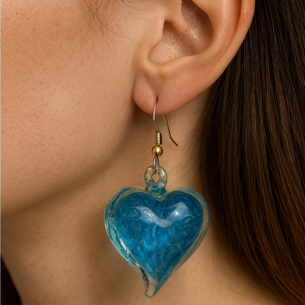 Blue Heart Glass Earrings 2.25”